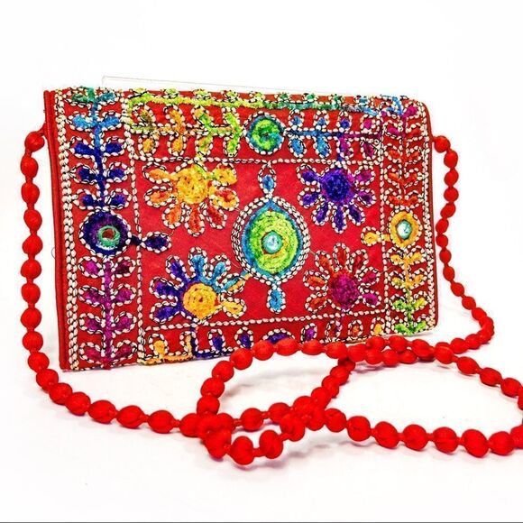 Red Textile Embroidered Envelope Clutch Purse India Elephant - Picture 2 of 9